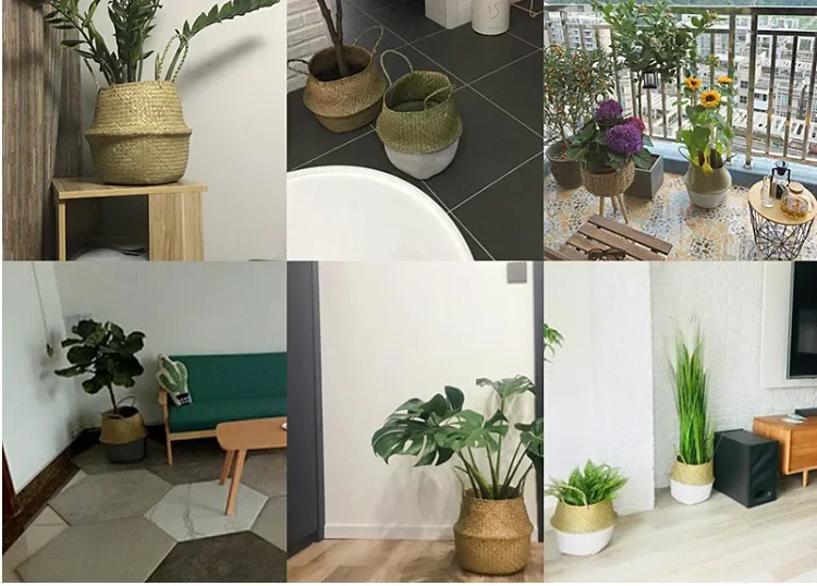 Handmade Bamboo Storage Baskets Foldable Laundry Straw Patchwork Wicker Rattan Seagrass Belly Garden Flower Pot Planter Basket