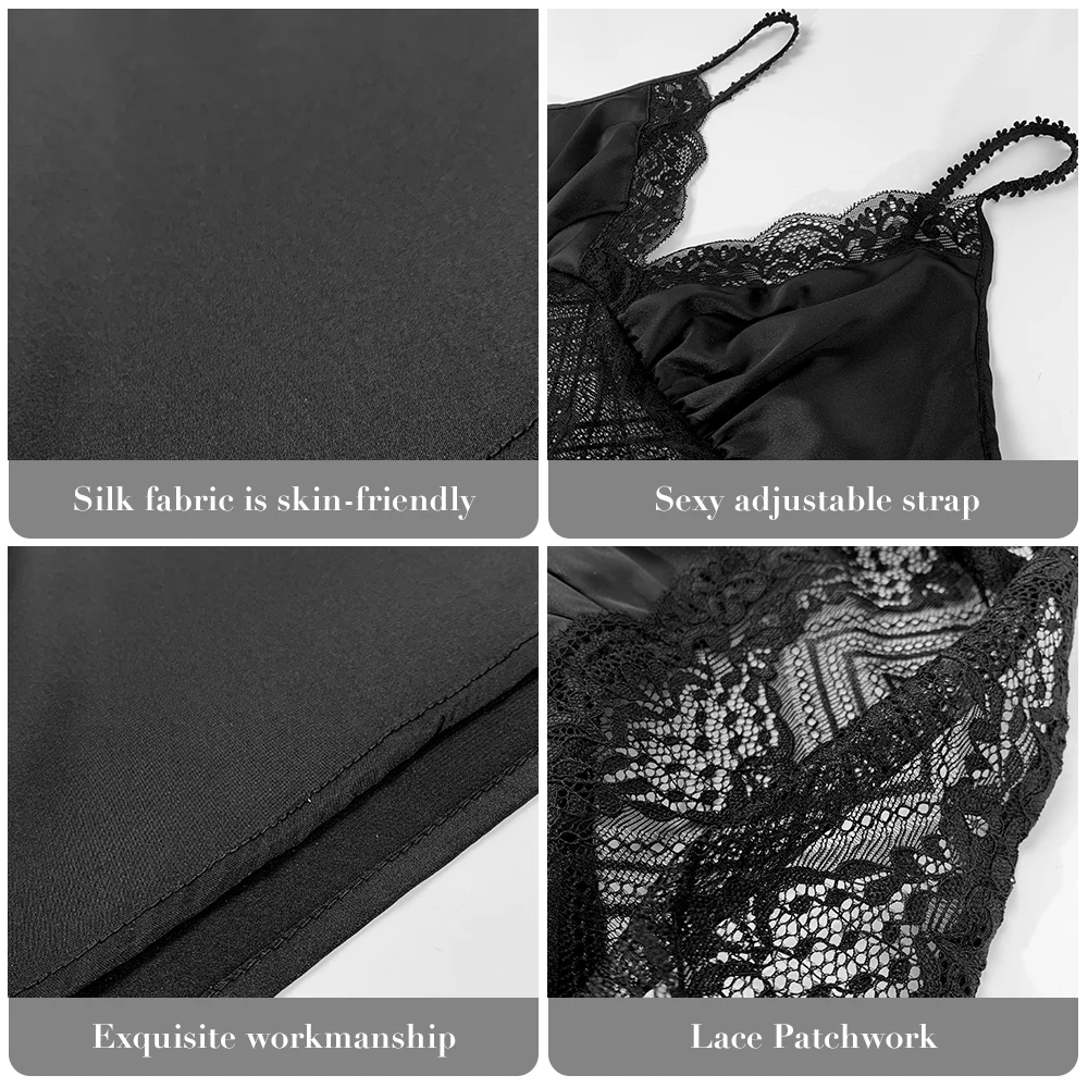 Sexy Nightwear V Neck Sling Nightdress Women Nightgown Lace-Up Silky Patchwork Mini Sleeping Dress Femme Nighties Sleeping Dress women nightgowns women nightdresses sleeping dress
