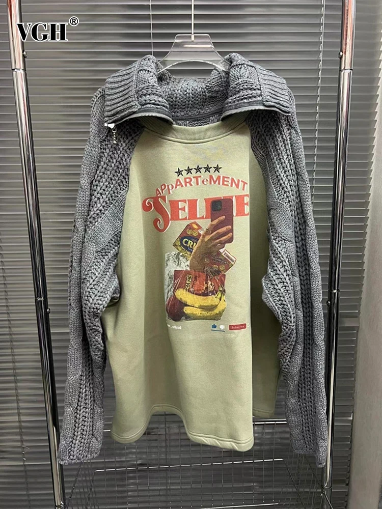 

VGH Colorblock Printing Casual Knitting Sweaters For Women Turtleneck Long Sleeve Spliced Zipper Loose Pullover Sweater Female