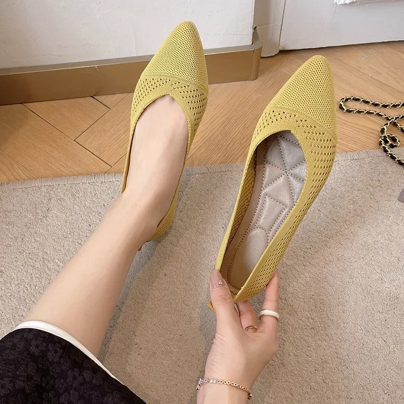 Solid Colour Knitting Flat Shoes for Women Fashion Female Casual Ballet Flats Footware Breathable Mesh Comfort Loafers 2025