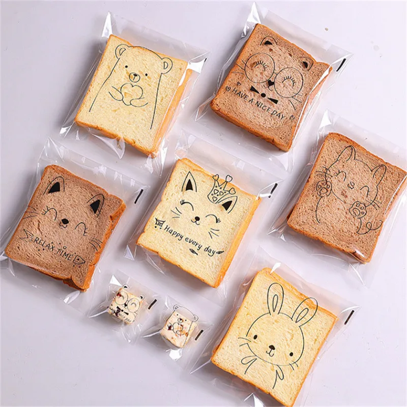 

100Pcs Cartoon Animal Transparent Self-adhesive Bread Paste Pineapple Buns Baked Sliced Toast Packaging Bags