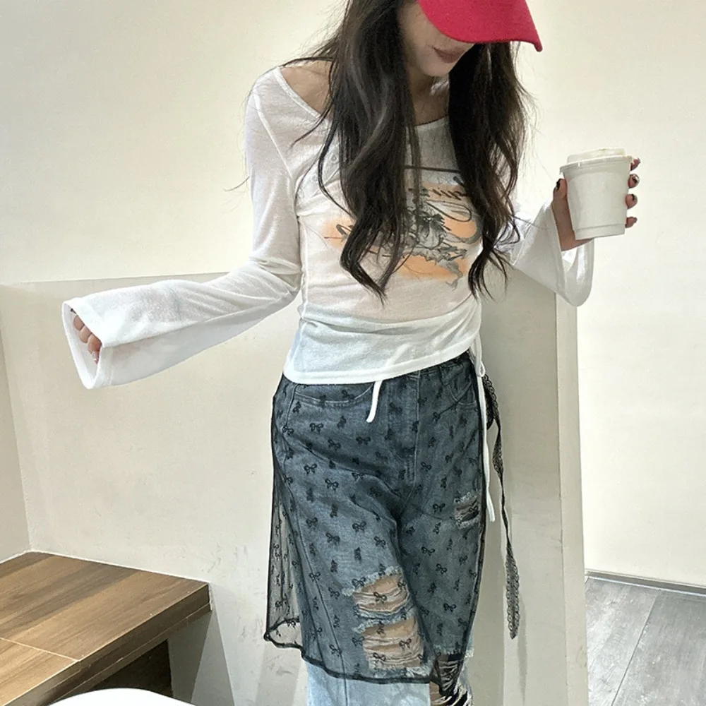Women Skirt Y2k Vintage Lace Splicing Harajuku Skirt Fashion Lap Over Skirts for Woman Faldas Korean Perspective Lace-up Design Skirt