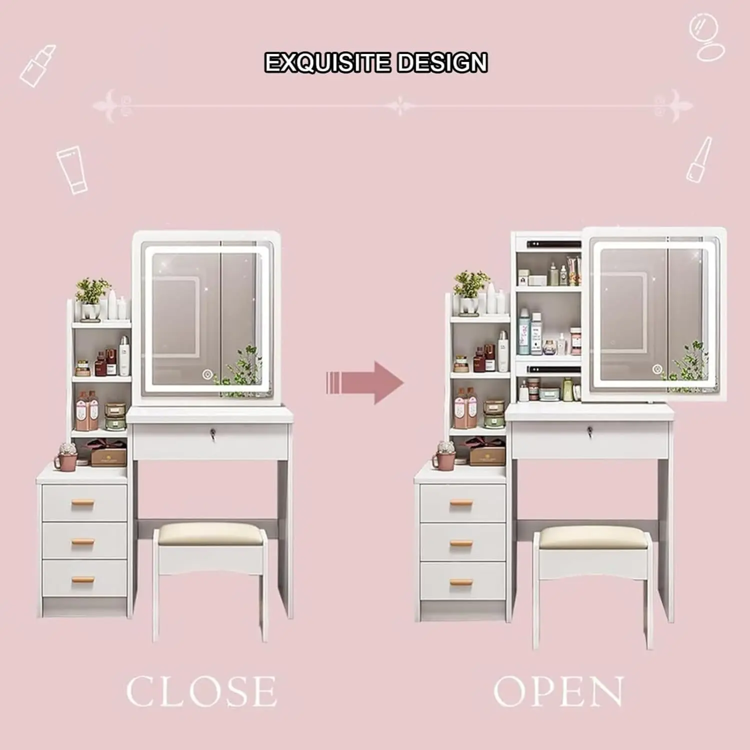 طاولة تجميل بيضاء مع كرسي، طاولة مكياج مع مرآة LED...