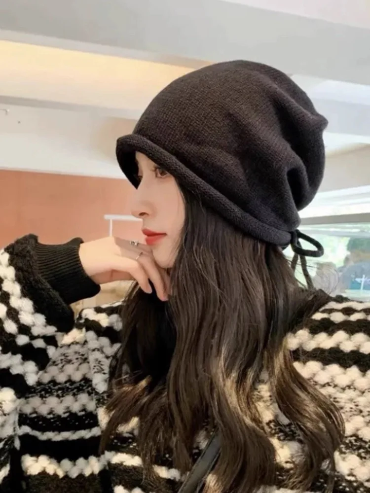 [韓国] soft wool knit beanie Warm Knitted Baggy Beanie Hat Women Men Drawstring Kpop