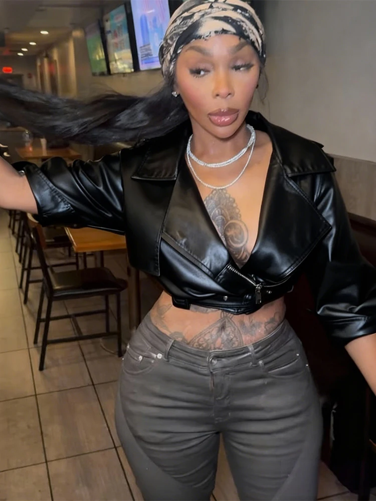 Nibber Hottie Jacket Woman PU Leather Sexy Low-Neck Three Quarter Sleeve Belt Shape Waist Navel Exposed High Street Style Coats