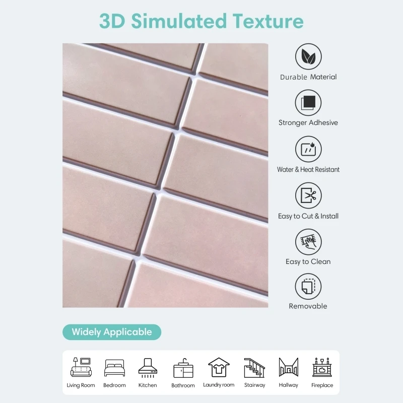 3D Peel and Stick Pink Tile Kitchen Splash Back Tile Sticker 3D Wall Sticker Self-adhesive Wall Panel Waterproof 3d wallboard