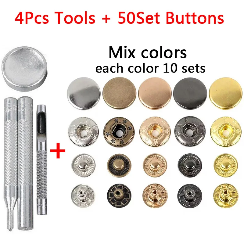 thumbnail image 1 of Juego de 50 botones a presión de cuero de 10 mm, 12 mm y 15 mm con 4 herramientas de instalación y botones a presión de cuero para hacer tú mismo tus prendas, 1 of 5