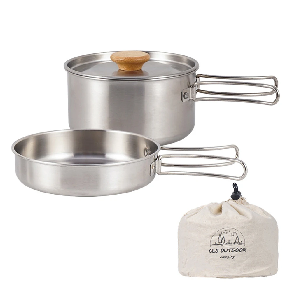 Camping Pot Set Portable Camping Pan Stainless Steel Foldable Handle with Storage Bag Travel Tableware Picnic Equipment