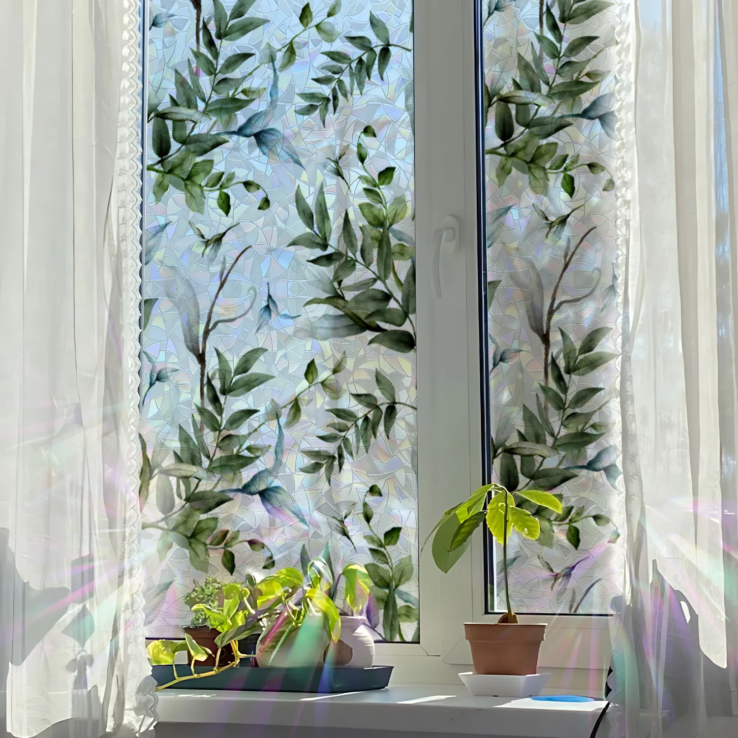43x100cm Green Leaf Laser Window Film PVC Green Plant Electrostatic Privacy Window Stickers for Living Room Bedroom Glass Decor