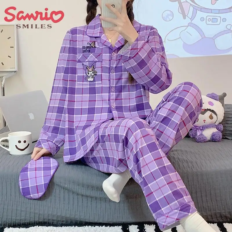 

Sanrio Kuromi Y2K Cotton Embroidered Pajama Set Melody Cinnamoroll Cartoon Homewear Cute Loose Nightwear Suit Anime Girl Gift