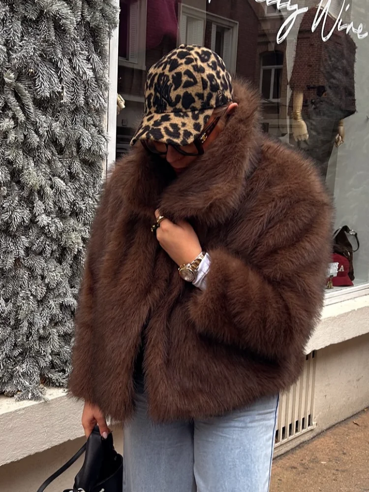 Fashion Thicken Warm Full Sleeve Fur Coats For Women Elegant Stand Collar Solid Cropped Jackets 2025 Lady Street Outerwears New 2