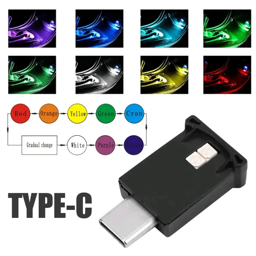 

Car Auto Interior Lamp Car Type-C LED Ambient Light 8 Colors RGB Dynamic Gradient Brightness Adjustable Interior Atmosphere Lamp