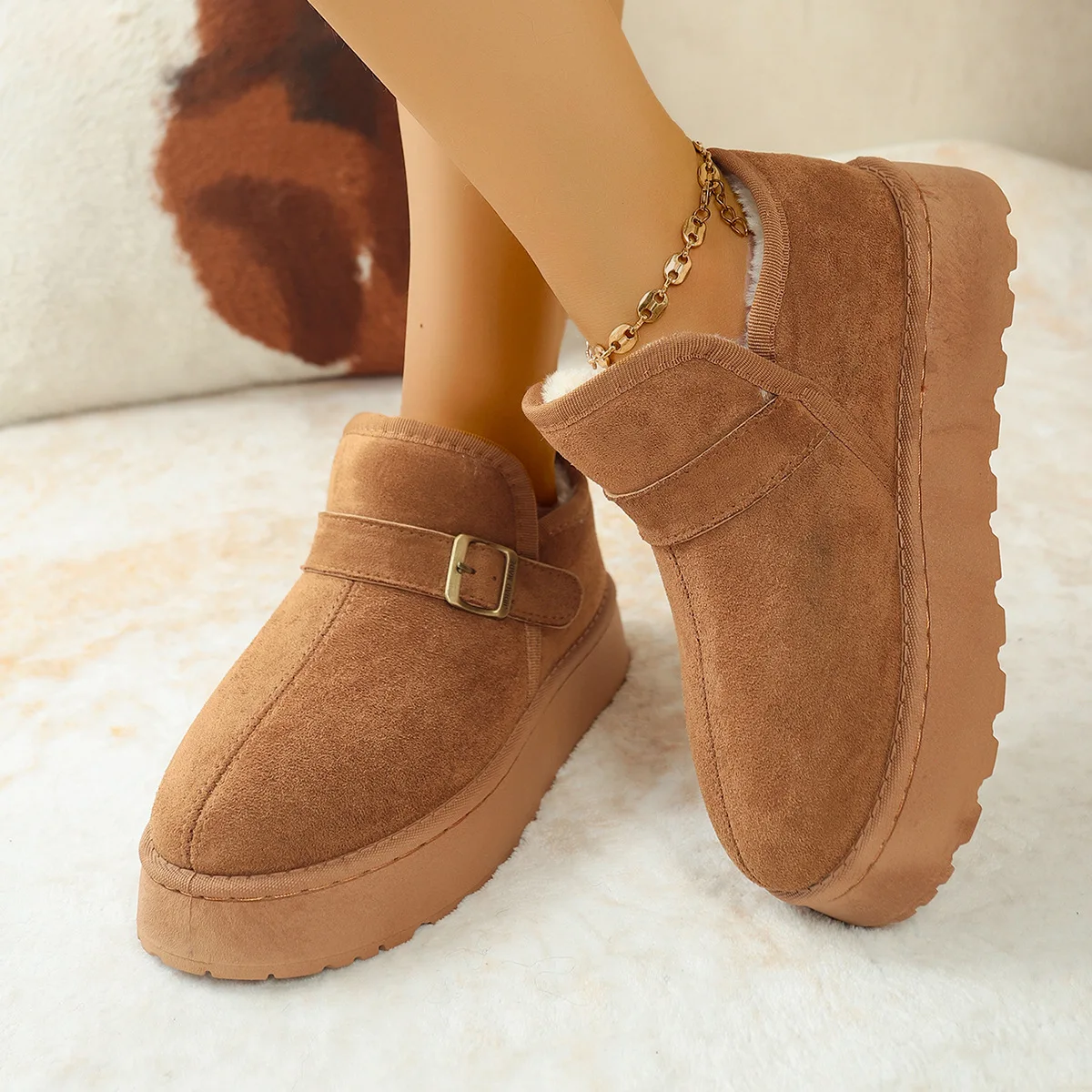 2025 Fashion Female Shoes Clogs Platform Slip-on Round Toe Winter Dress New Slip on Flock Cow Suede Rubber Ankle Platform Boots