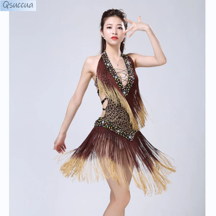 

Latin Gradient Tassel Competition Dress Sequin Sexy Leaky Back Stage Performance Dress Latin stage performance dress