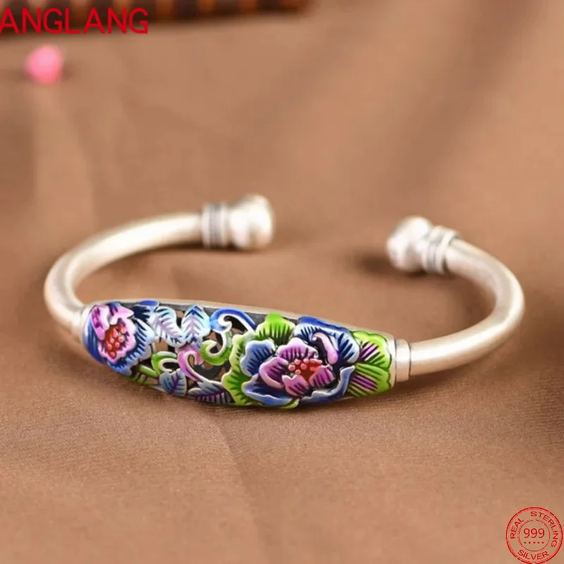 

S999 sterling silver bracelets for women 2022 Christmas new fashion cloisonne hollow peony pattern bangle Ark jewelry