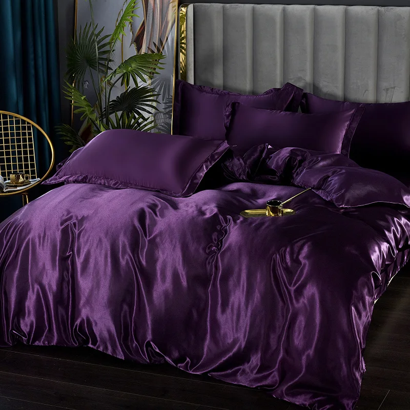 Silk Bedding Set with Duvet Cover Bed Sheet Pillowcase Luxury Satin Bedsheet Solid Color Double Single King Queen Full Twin Size