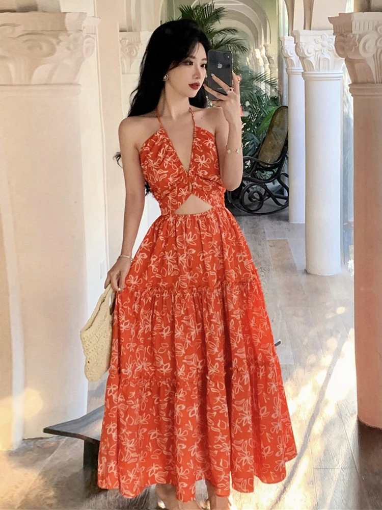

New Summer Fashion Boho Floral Print Vacation Beach Long Dress Women Clothes Elegant Sweet Sexy Backless Slim Maxi Vestidos Robe