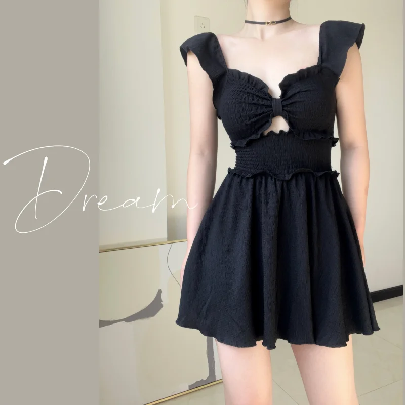 

Black Sexy Conservative Sweet Girl Conjoined Body Slimming Pure Desire Sleeveless Hollow Out Backless Ruffles Casual Swimwears