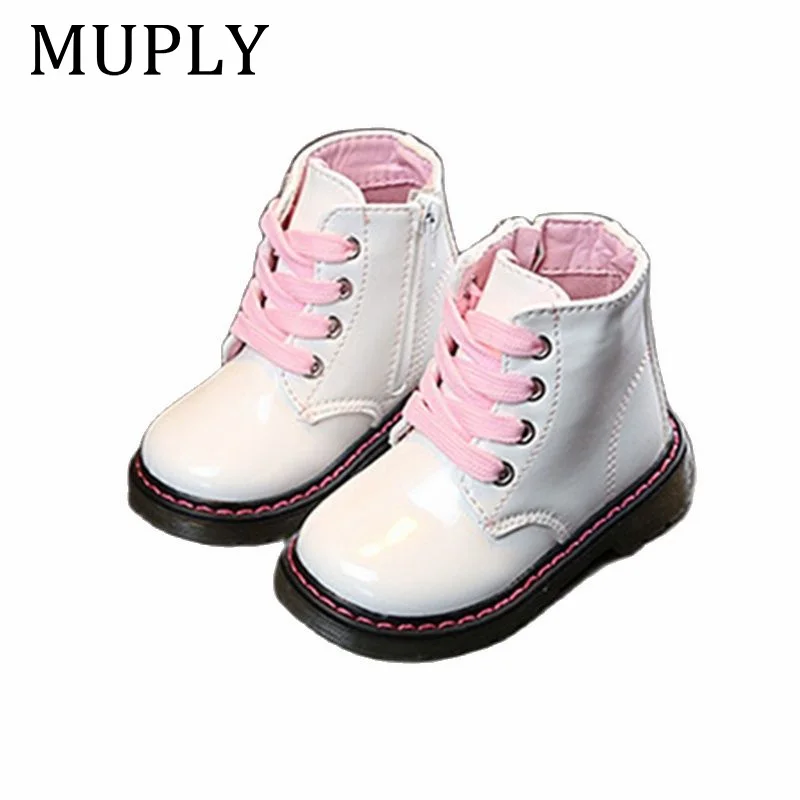 

Winter Children Patent Leather Ankle Boots Boys and Girls Fashion Non-slip Soft Waterproof Lacing Up Toddler Short Boot