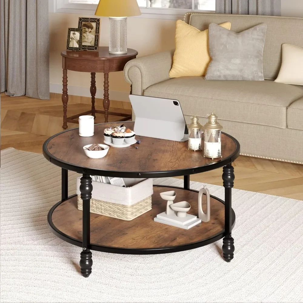 

Round Coffee Table for Living Room Rustic Center Table With Storage Shelf Wood Circle Coffee Table With Sturdy Metal Legs Side