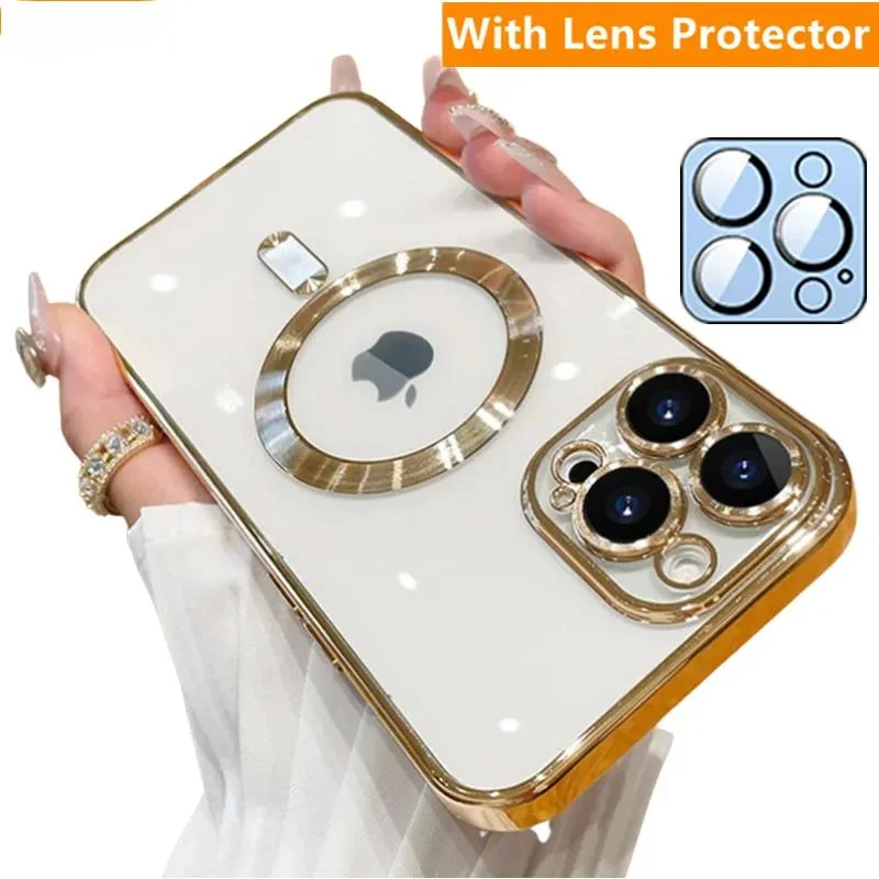 

Fashion Magnetic For Magsafe Wireless Charger Case For iPhone 15 14 Plus 13 12 11 Pro Max Soft Plating Case With Lens Protector