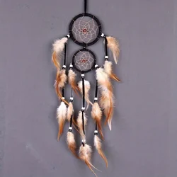 Indian-Inspired Dream Catcher with Brown Feathers - Wall Hanging with Wind Chime Accent (Black)