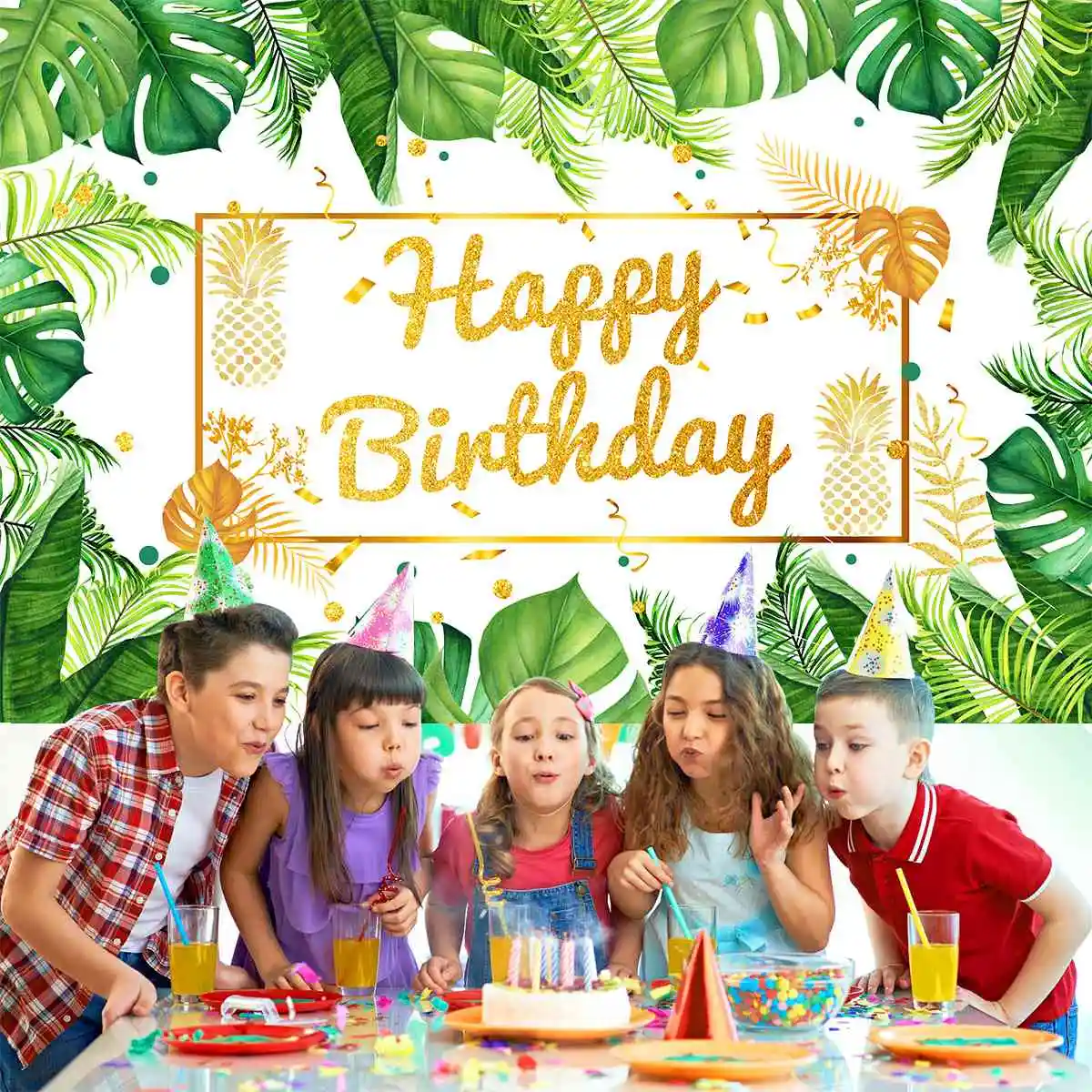 Luau Birthday Party Backdrop Jungle Green Gold Leaves Birthday Decorations Photo Booth Background Party Supplies