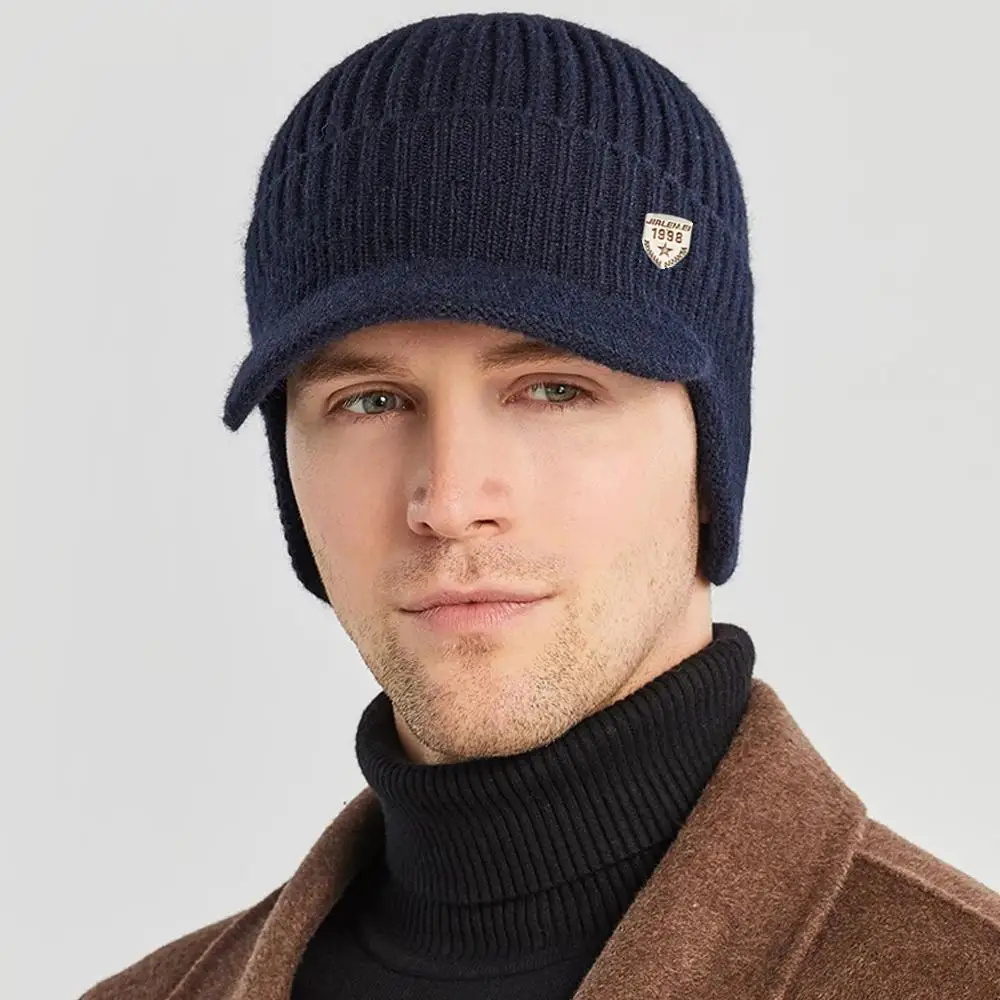 Hot Sale Men Winter Hat Outdoor Ear Protection Knit Hat Keep Warm Visor Cap Casual Fashion Brim Earflap Hats