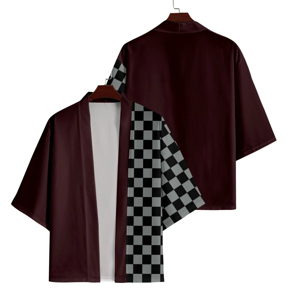 Checkerboard Print Cardigan Haori Fashion Beach Yukata Cosplay Japanese Kimono Streetwear Men Asian Clothing Samurai