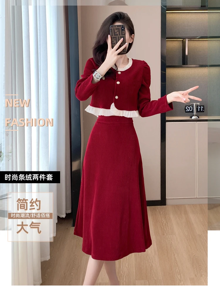 Autumn Winter Corduroy Two-piece Skirt Set Women Long Sleeve Ruffles O-neck Top Solid Midi Skirt Korean Fashion Outfits New