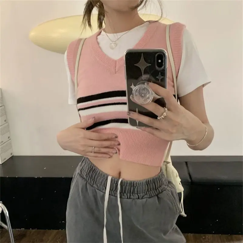 

YBYR Preppy Style V-neck Crop Top Striped Knit Contrast Stitching Women's Tops New Summer Tank Top Sleeveless Knitted Sweaters