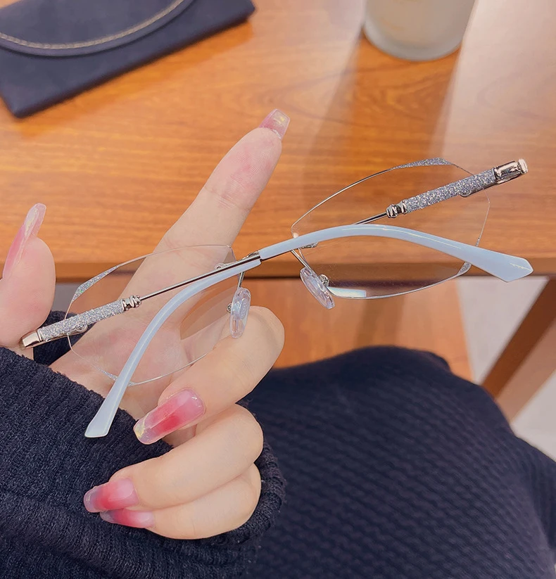 Metall Luxus Randlose Cat Eye Frauen Brillengestell Für Rezept Myopie Lesebrille – Detail 5