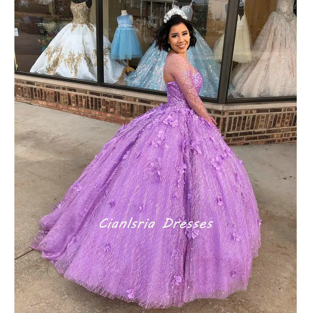 

Lilac Illusion 3D Flowers Mexican Quinceanera Dress Ball Gown Long Sleeve Beading Crystal Corset Vestidos De XV Anos