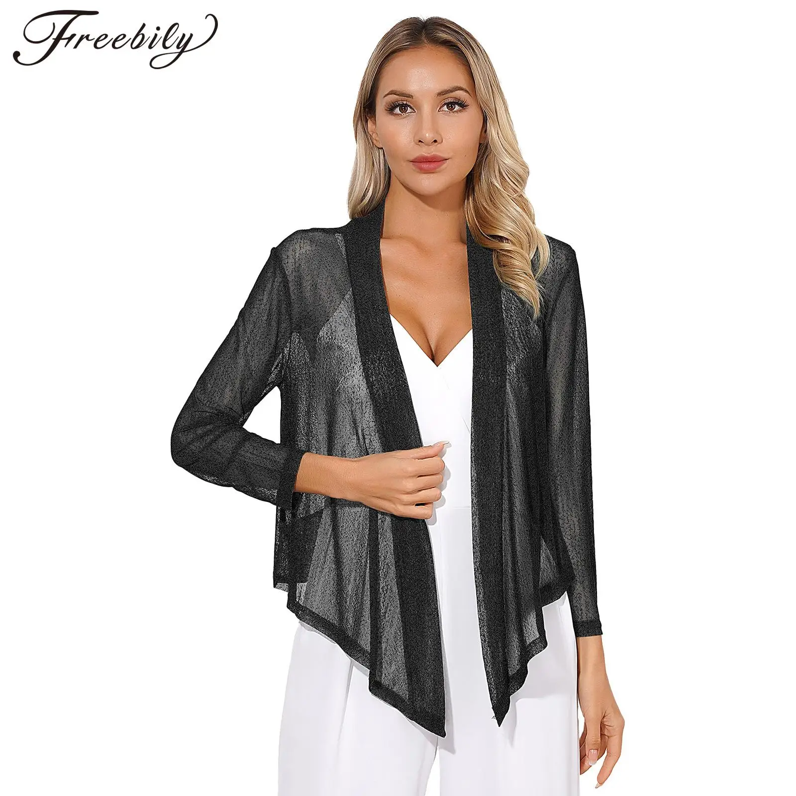 

Womens Fashion Asymmetrical Hem Cardigan See Through Long Sleeve Jacket Lightweight Open Front Cover Ups Female Bolero Tops