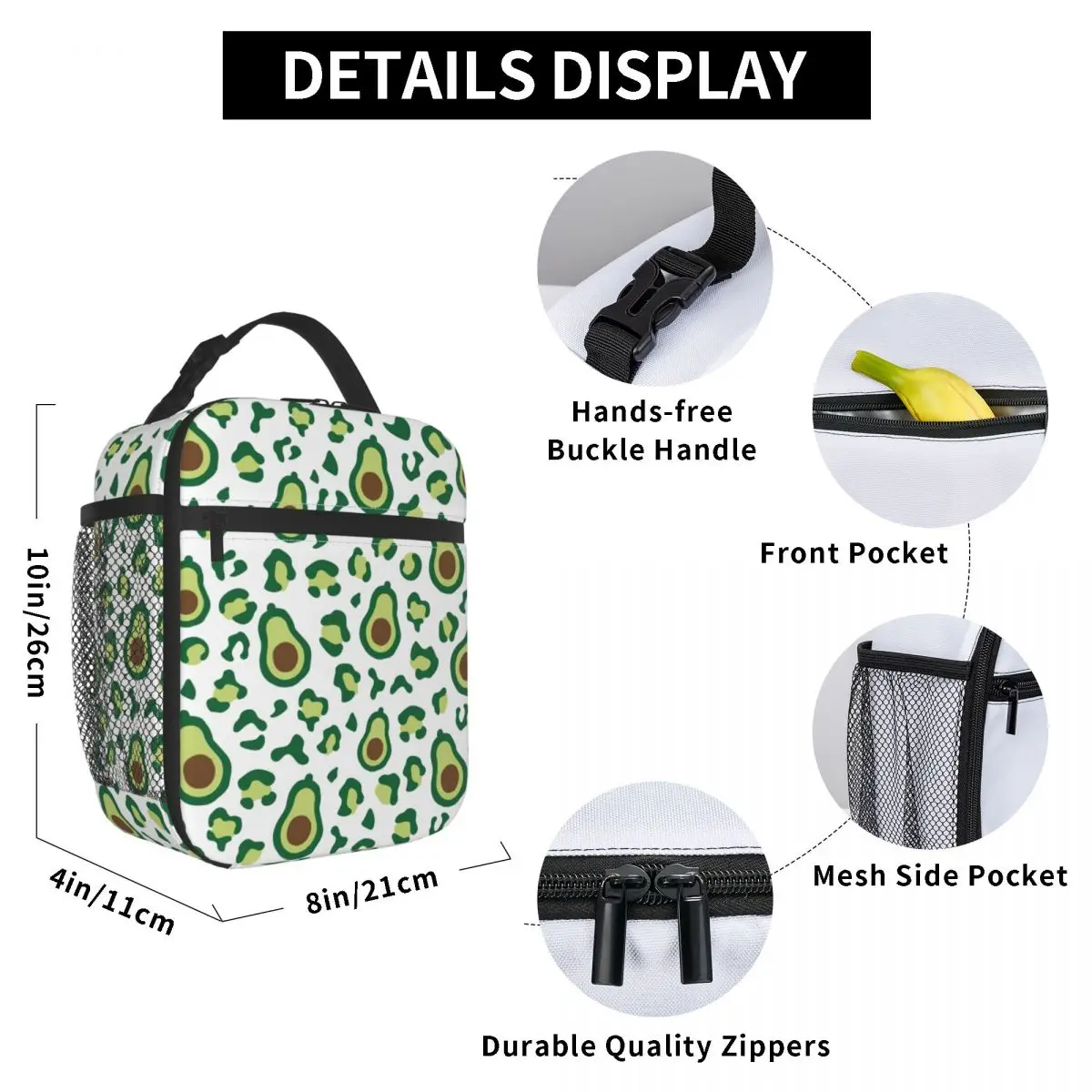 Green Avocado Leopard Pattern Portable Lunch Box Women Multifunction Cooler Thermal Food Insulated Lunch Bag Office Work