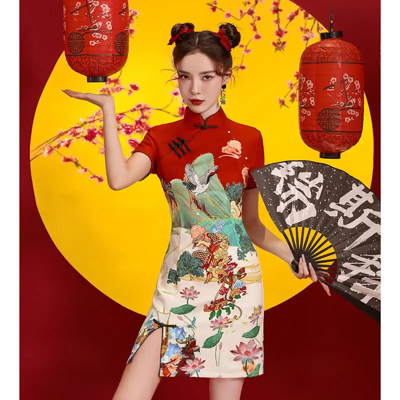 

Chinese Classical Costumes Cheongsam Qipao 2024 New Modified Chinese Style Young Small Short Fried Street Dress Female Red