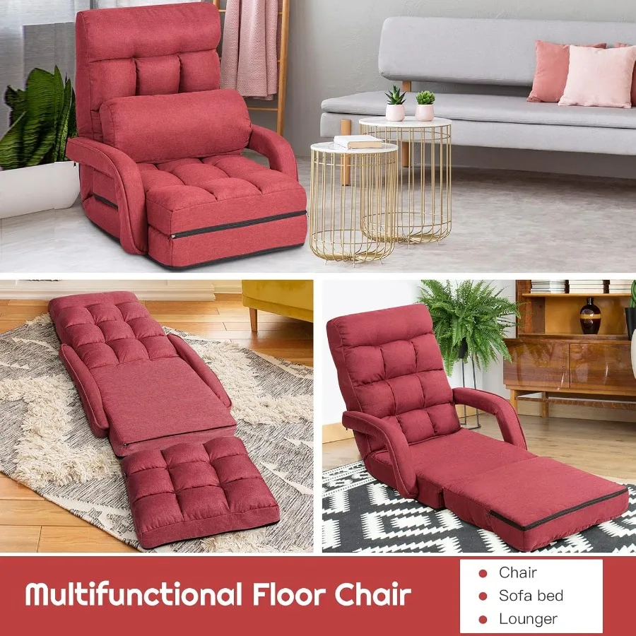 Adjustable Floor Chair Folding Lazy Sofa Chair with 5 Positions Detachable Seat Cushion Indoor Chaise Lounge Sofa Bed for Livin