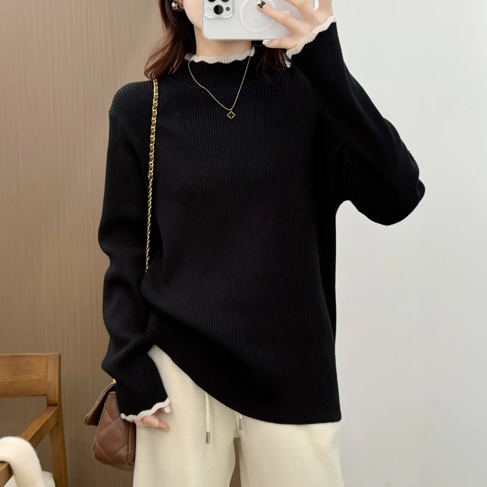 XXXL Fashion Plus Size Women's Sweaters Autumn And Winter New Style Contrasting Color Mock Neck Knitted Pullover 6667