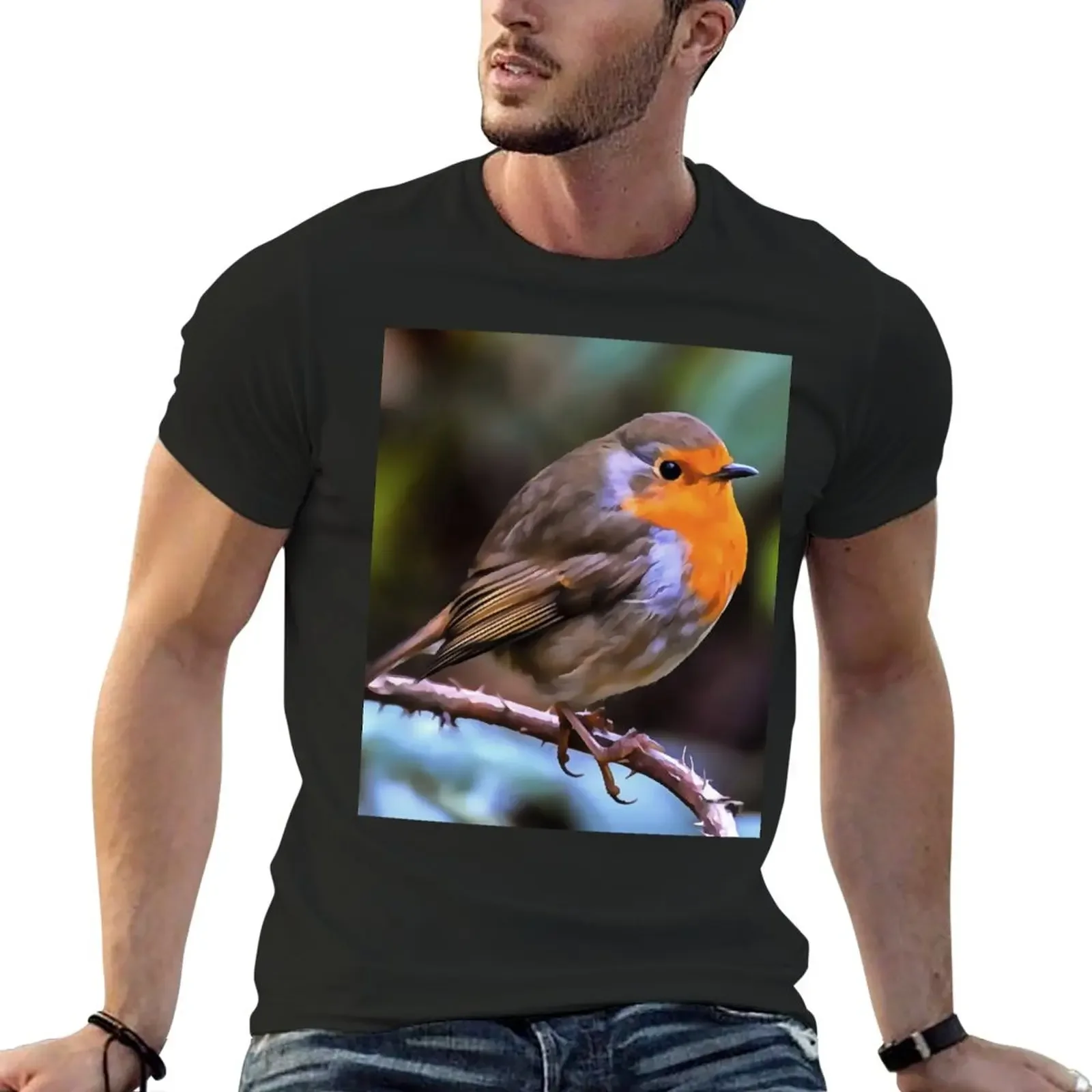 

Plump Robin Perched On A Branch Wildlife Art T-Shirt aesthetic clothes plus size tops T-shirt men