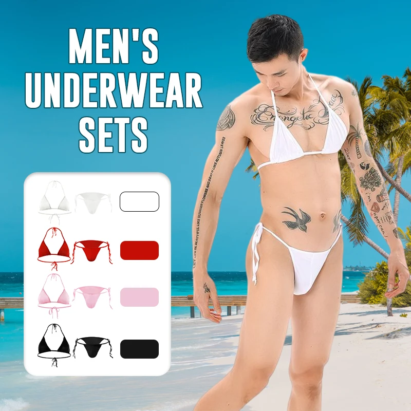 

Mens Sexy Lingerie Set Lace-Up Sissy Underwear Spaghetti Strap Bra Bikini Suits with Briefs Gay Crossdressing Underwear
