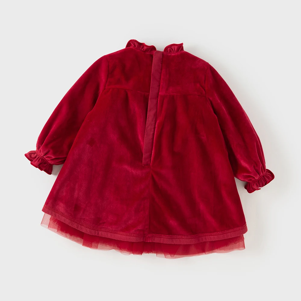 ديف بيلا الفتيات الأميرة المخملية فستان الشتاء الطفل لطيف سحر الدانتيل فستان شبكي حفلة سميكة طويلة الأكمام ملابس خارجية حمراء DB4254215