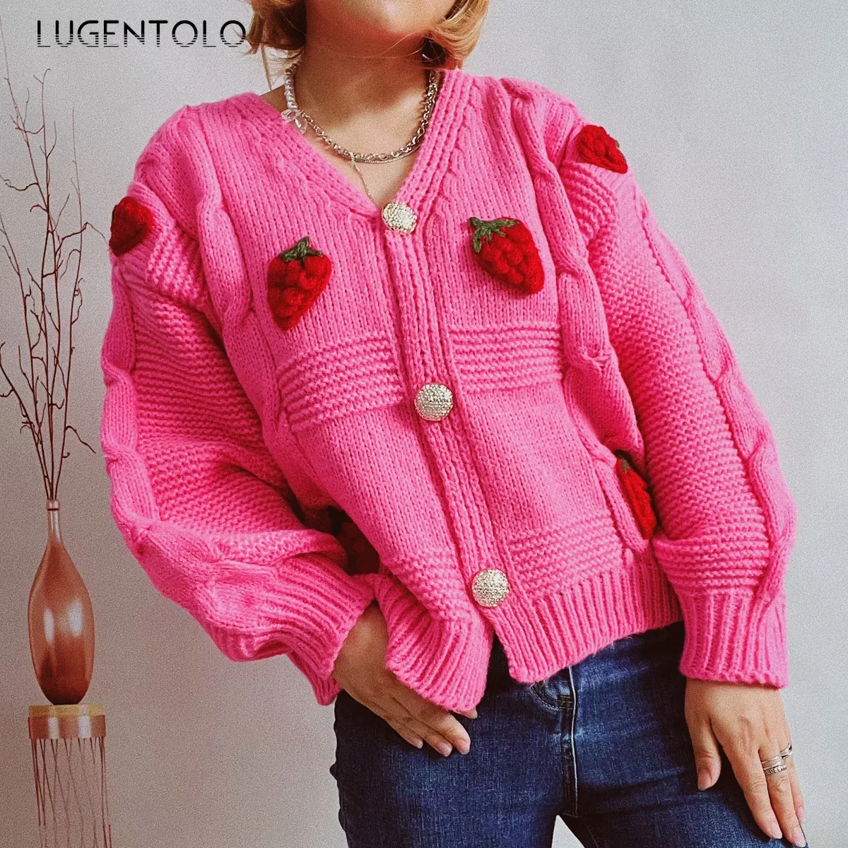 

Women Strawberry Embroidery Sweaters Twist Knitted Single-breasted Lady New Fashion Autumn Winter Casual Short Cloth Lugentolo