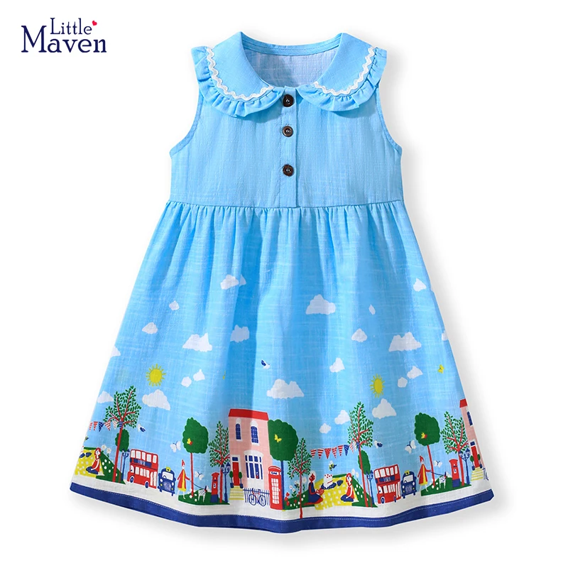 Little Maven Children Formal Dresses Kids Clothes Summer Cartoon Short Sleeves Princess Children's Clothing Vestidos Cotton