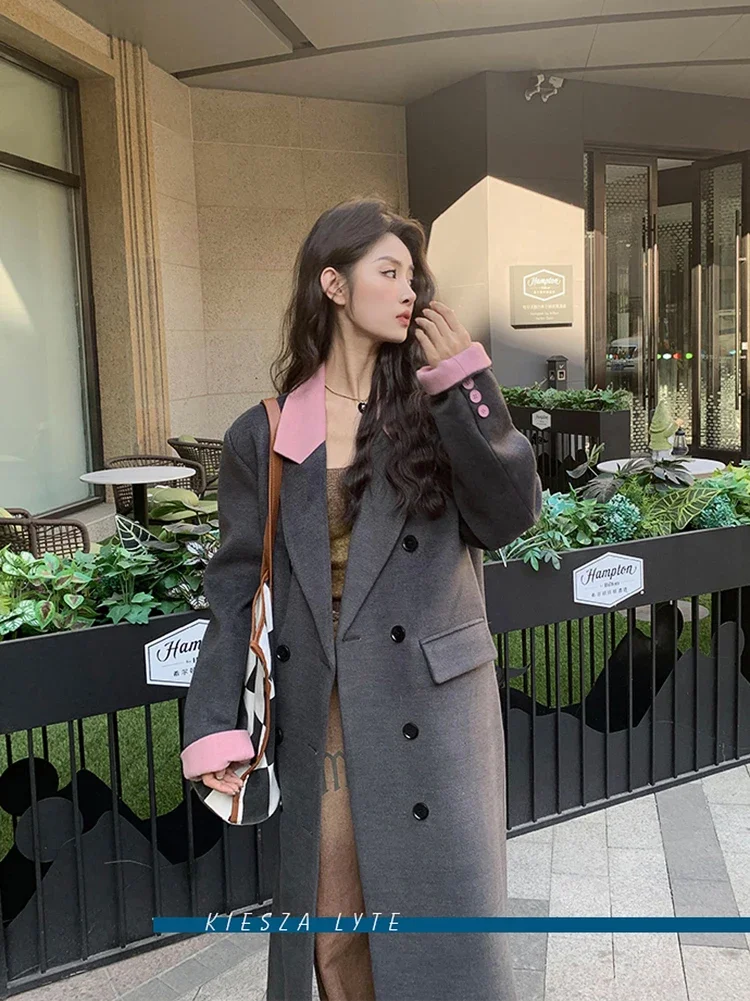 

Модное шерстяное утепленное пальто роскошного дизайна с контрастным воротником для женщин, Новое поступление 2024, теплые темно-серые офисные шерстяные пальто