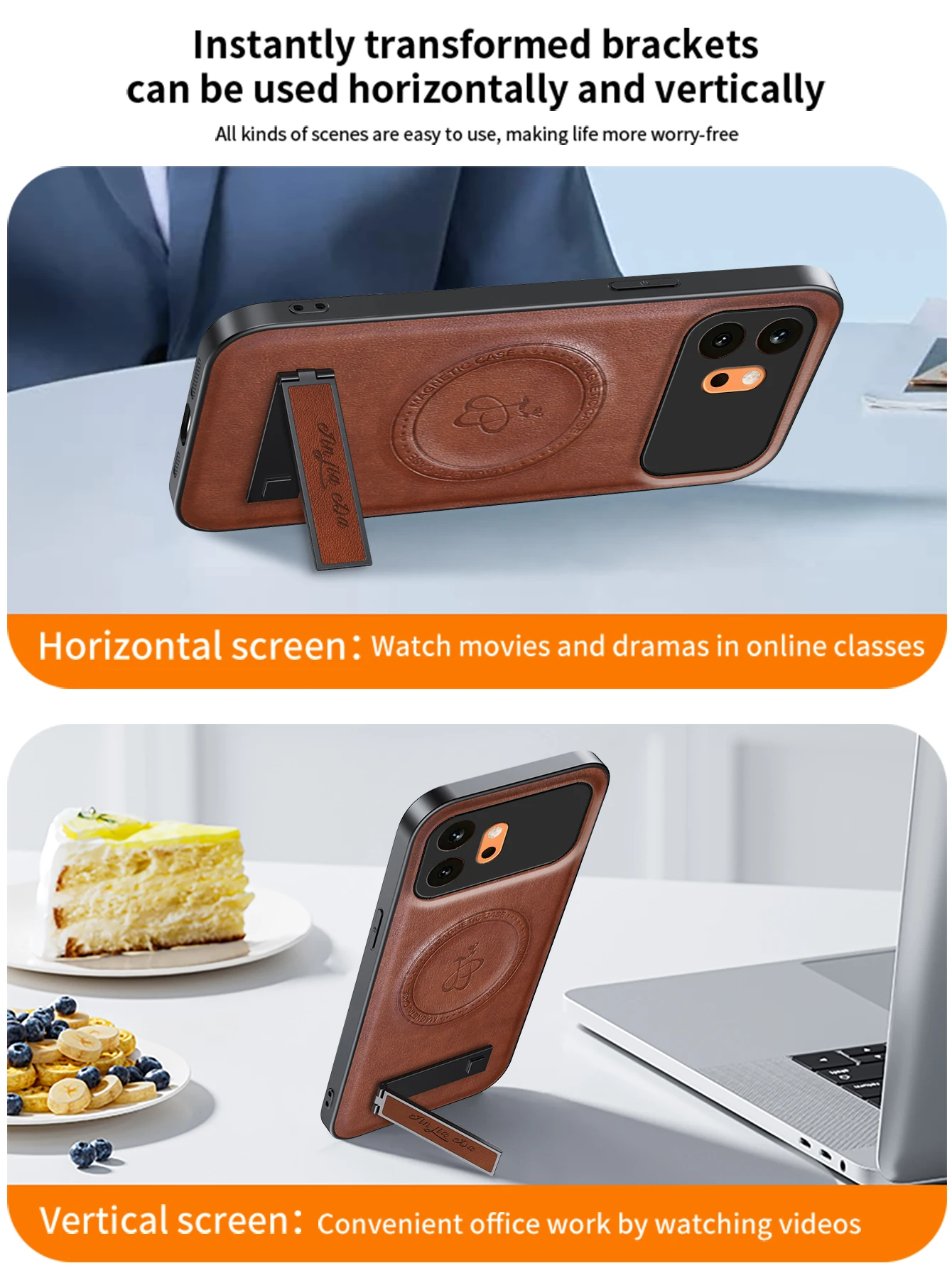 Leather Stand Case with Magnetic Holder and Camera Protector Shell