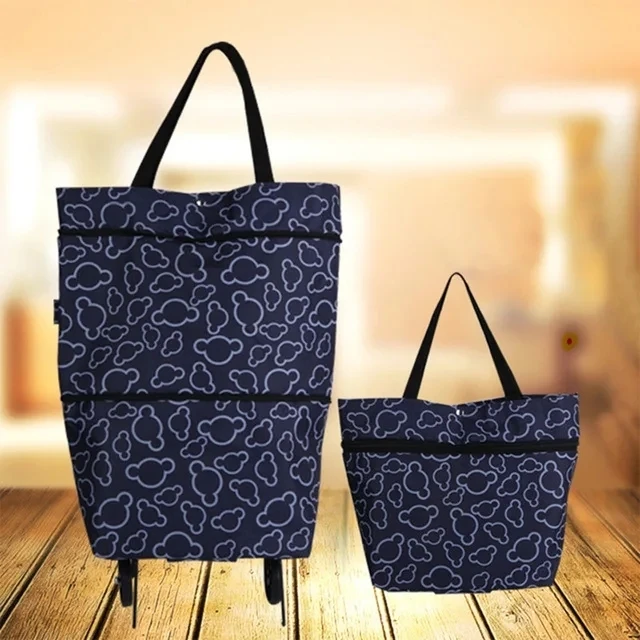 Borsa Della Spesa Pieghevole Con Ruote In Tessuto Oxford - Grande Capacità, Blu Navy - 3