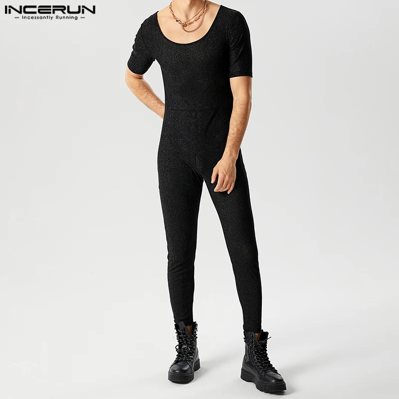 

INCERUN Sexy Fashion Men Bodysuits Flash Fabric Perspective Mesh Design Jumpsuits Casual Large U-neck Short Sleeve Rompers S-5XL