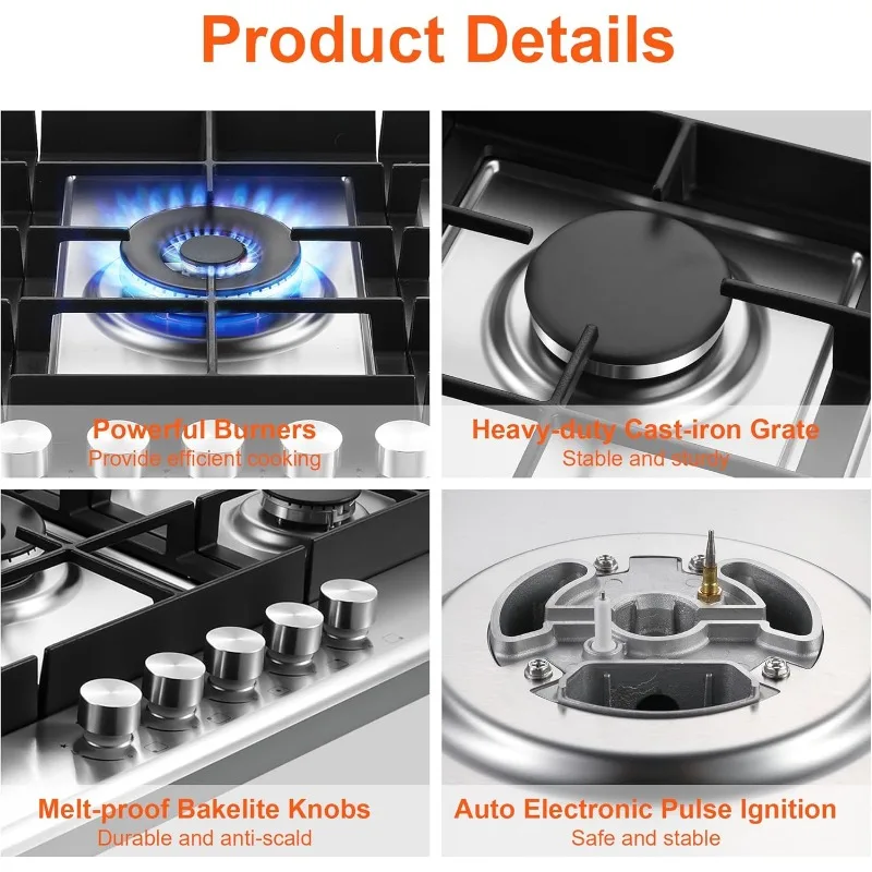 30 inch Gas Cooktop,Gas Stove Top with 5 High Efficiency Burners,Bulit-in Stainless Steel Gas Hob for Kitchen,NG/LPG Convertible 3