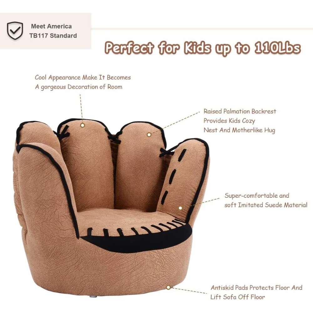 Kids Couch with Solid Wood Frame & Baseball Glove Design, Children Armchair for Play Room, Nursery, Kindergarten, Kids Room 6
