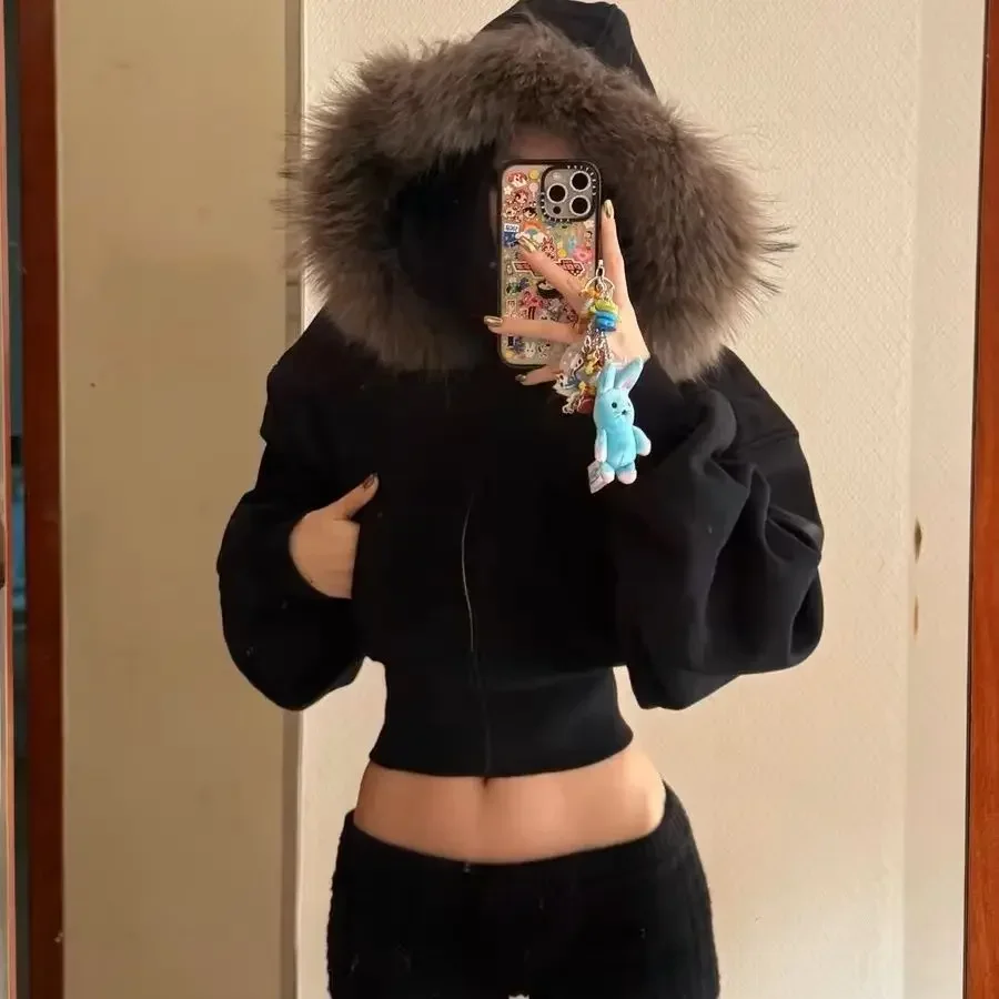 Classic Hidden Blue Collar Short Zip Up Hoodies Winter Clothes Women Y2K New Fashion Plush Cardigan Coat Harajuku Casual Hoodies
